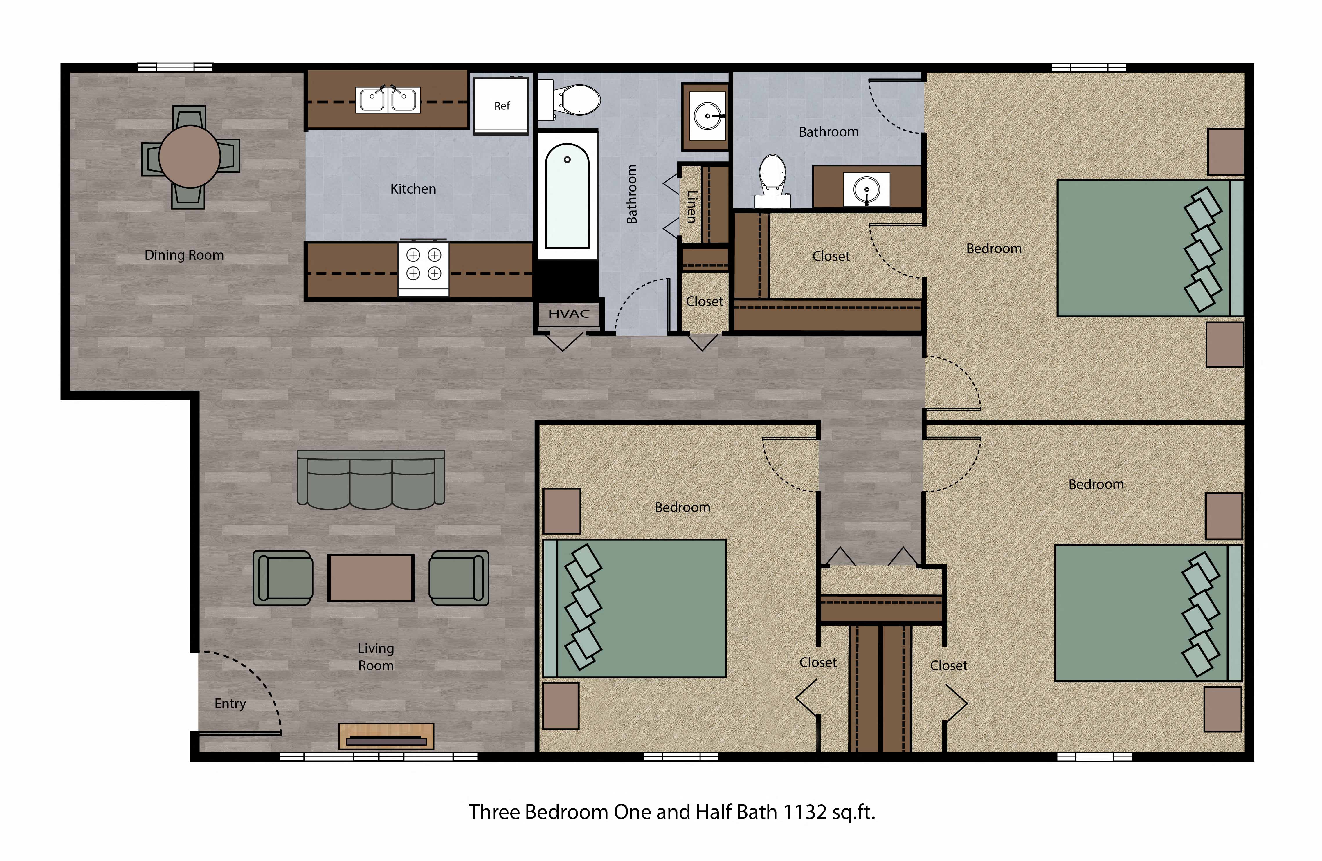 Floor plan for 3 beds, 1.5 baths, 1132 sqft
